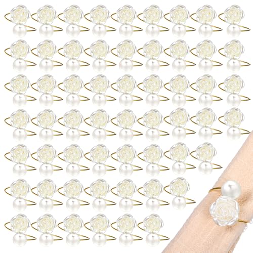 Molain 50Pcs Napkin Rings, Imitation Pearl Rose Holder Ring Metal Spring Table Setting Napkin Buckles for Formal or Casual Dinner Wedding Birthday Table Decorations, 1.6 Inch