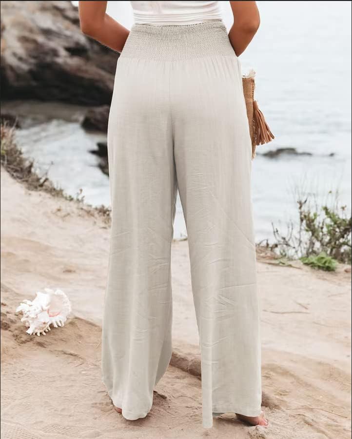 chouyatou Women's Smocked High Waisted Cotton Linen Wide Leg Pants Palazzo with Pockets - Image 2