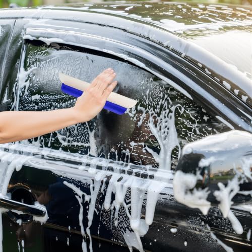 Image of 4 Pack 14 Inch Car Drying Squeegee Blue Silicone Window Blade | Flexible Silicone for Drying Windshield Shower Glass, Bathroom Window Cleaner, T-bar Design, Long Handle Wash Tool