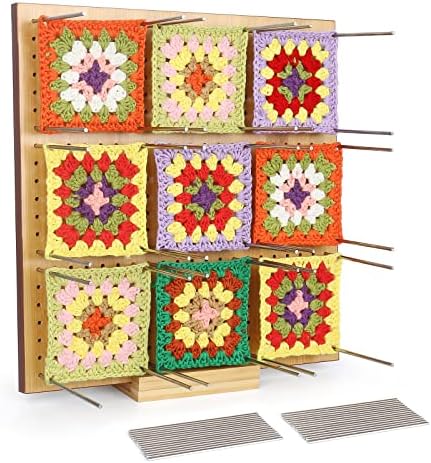 Coopay Granny Square Houten spanner, 20 x 20 cm, gehaakte blokkeerplank met 12 wollen bollen