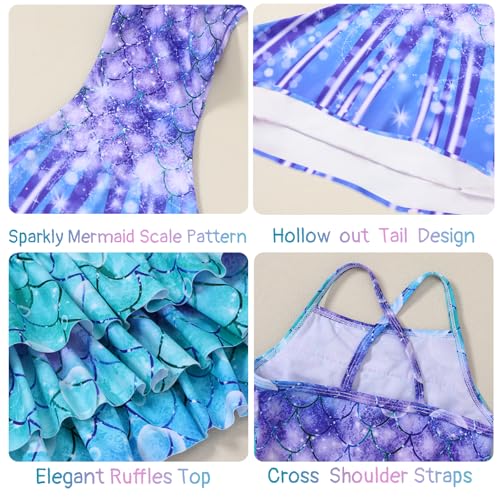 Image of Redair Mermaid Girls Bathing Suit 3PCS Ruffle Top Bikini Bottoms Swimsuit Kids Beach Pool Swimwear 3-11Y
