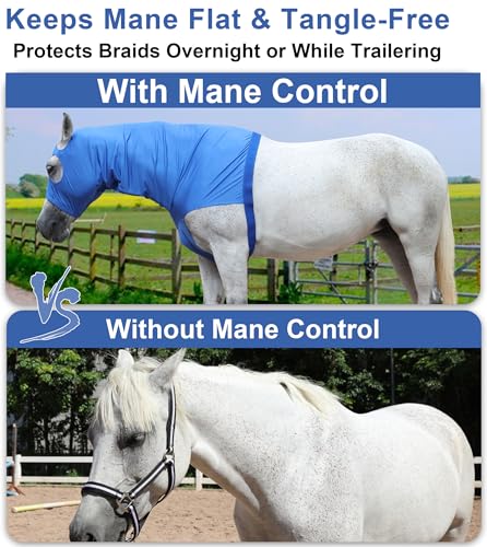 Image of Horse Slinky Hood with Zipper, Stretch Spandex Sleazy Hood for Mane Protection, Breathable Horse Neck Cover for Show Prep, Braids Saver, Sleek Grooming Under Blanket Use Blue Large