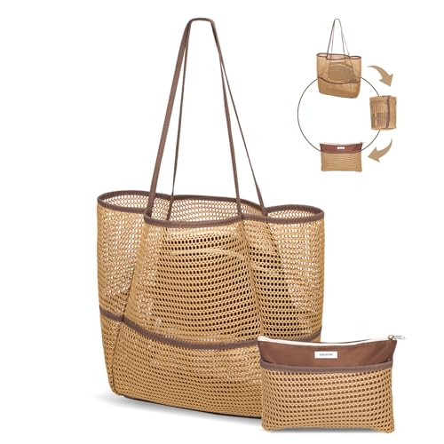 Sacola de praia de malha embalável, 2025 novas bolsas de praia 2 em 1 grandes e leves e dobráveis com vários bolsos para mulheres, Caqui, One Size