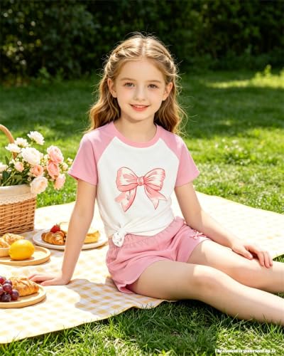 Image of Bestuline Girls Summer 2 Piece Outfits,Basic Short Sleeve Top & Shorts Set with Side Pockets,4-14Y