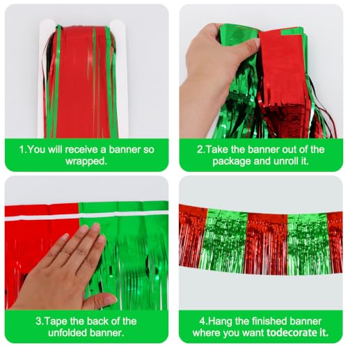 Image of BEISHIDA 3 Pack Red Green Foil Fringe Garland 30ft Wall Tinsel Banner
