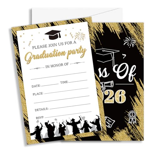 TIOFUNO Graduation Invitations 2026, 25 Graduation Party Invitations with Envelopes, 4x6 Inch Double-Sided Gold Themed Announcement Cards for High School University College - A14
