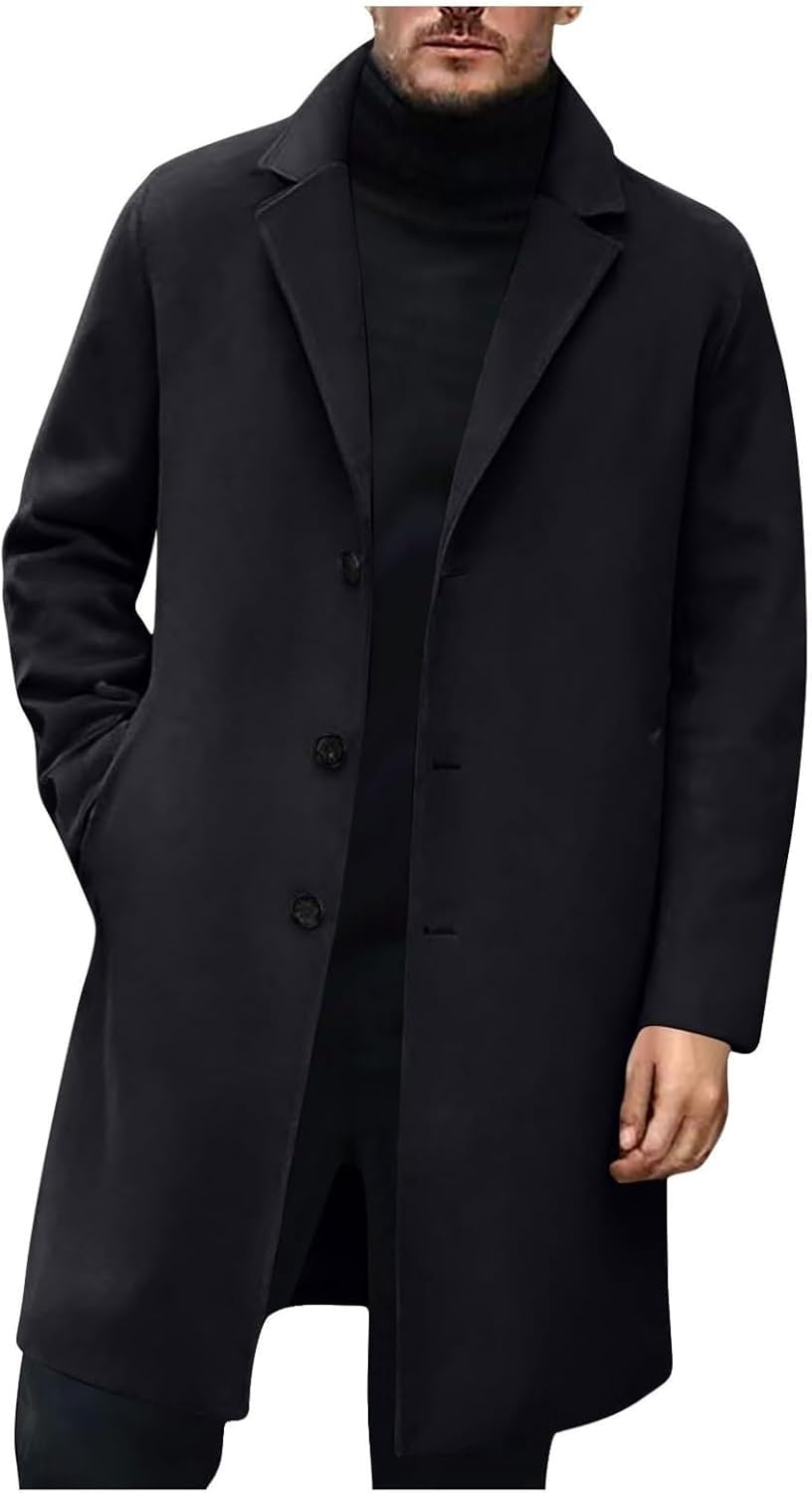 Ymosrh Men's Single Breasted Trench Coat Casual Windbreaker Lapel Long Jacket Overcoat Wih Pockets, S-XL