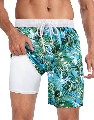 Image of Mens Swim Trunks with Compression Liner 2 in 1 Quick Dry Swimming Shorts Swimwear Bathing Suits with Pockets