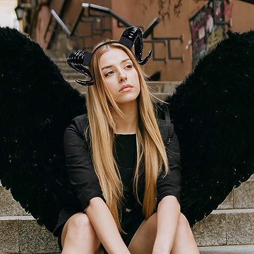 Devil Horns Headband, Black Horn Devil Costume Accessory Witch Horn Headpiece for Women Men for Cosplay Halloween