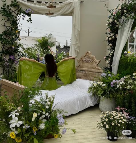 Girls Women Hand-Embroidered Leaf Flowy Evening Gown Chartreuse Green Maxi Fairycore Prom Dress Performance Outfit4