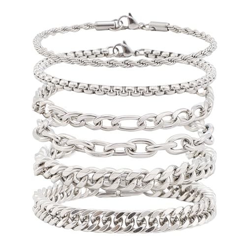 Set de 6 pulseras de acero inoxidable plateadas para hombres miniatura 1