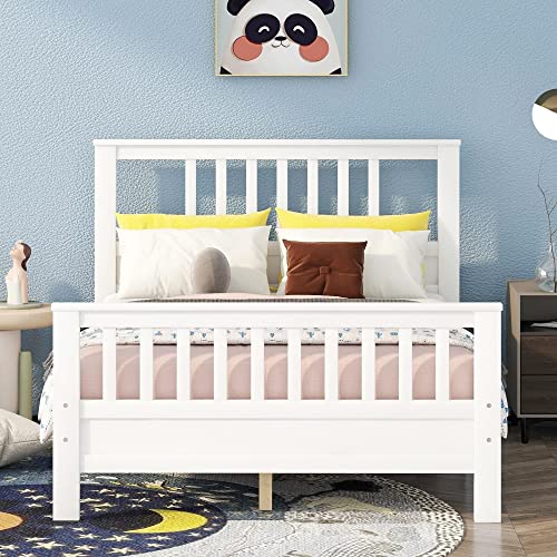 Merax Full Bed Frame,Wood Platform Bed With Headboard,Full Size Bed Frame For Kids,No Spring Box Needed (White Full Bed) #TOP2