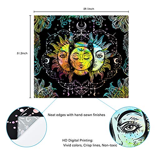 Uspring Sun And Moon Tapestry Burning Sun Tapestry Black Colorful Wall Tapestries Moon And Stars Tapestry Psychedelic Mandala Tapestry Wall Hanging For Room (51.2 × 59.1 Inches) #TOP5
