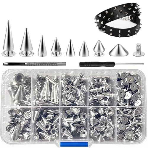 354 Pieces Punk Spikes and Studs Kit - 8 Sizes Cone Spikes, Metal Tree Spikes Studs for Leathercraft, Punk Clothing DIY Accessories (Silver)