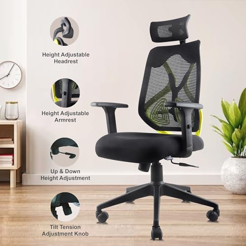 Image of ASTRIDE Ergofit Ergonomic Office Chair for Home | 3-Years Warranty | 2D Headrest, Adjustable Arms & Lumbar Support | Tilt Lock Mechanism [Heavy Duty Nylon Base, Neon Green-Black]
