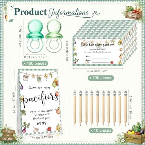 Image of Roowest 512 Pcs Baby Shower Games Guess How Many Pacifiers Sign 100 Small Guessing Games 10 HB Pencils 750ml Milk Bottle 400 Acrylic Pacifiers Decoration for Guest Gender Reveal (Green,Locally Grown)