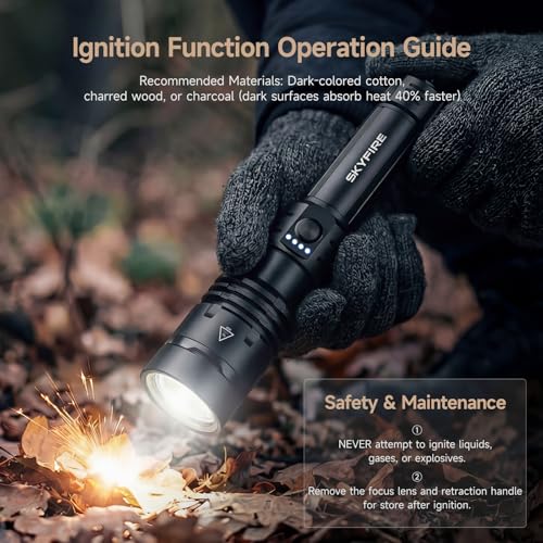 Image of SKYFIRE 1376 LED Flashlights with Ignition Lens, Rechargeable 2000 High Lumens Super Bright Zoomable Flash Light, 5 Modes Waterproof Handheld Powerful Tactical Flashlight for Emergency Camping (Black)