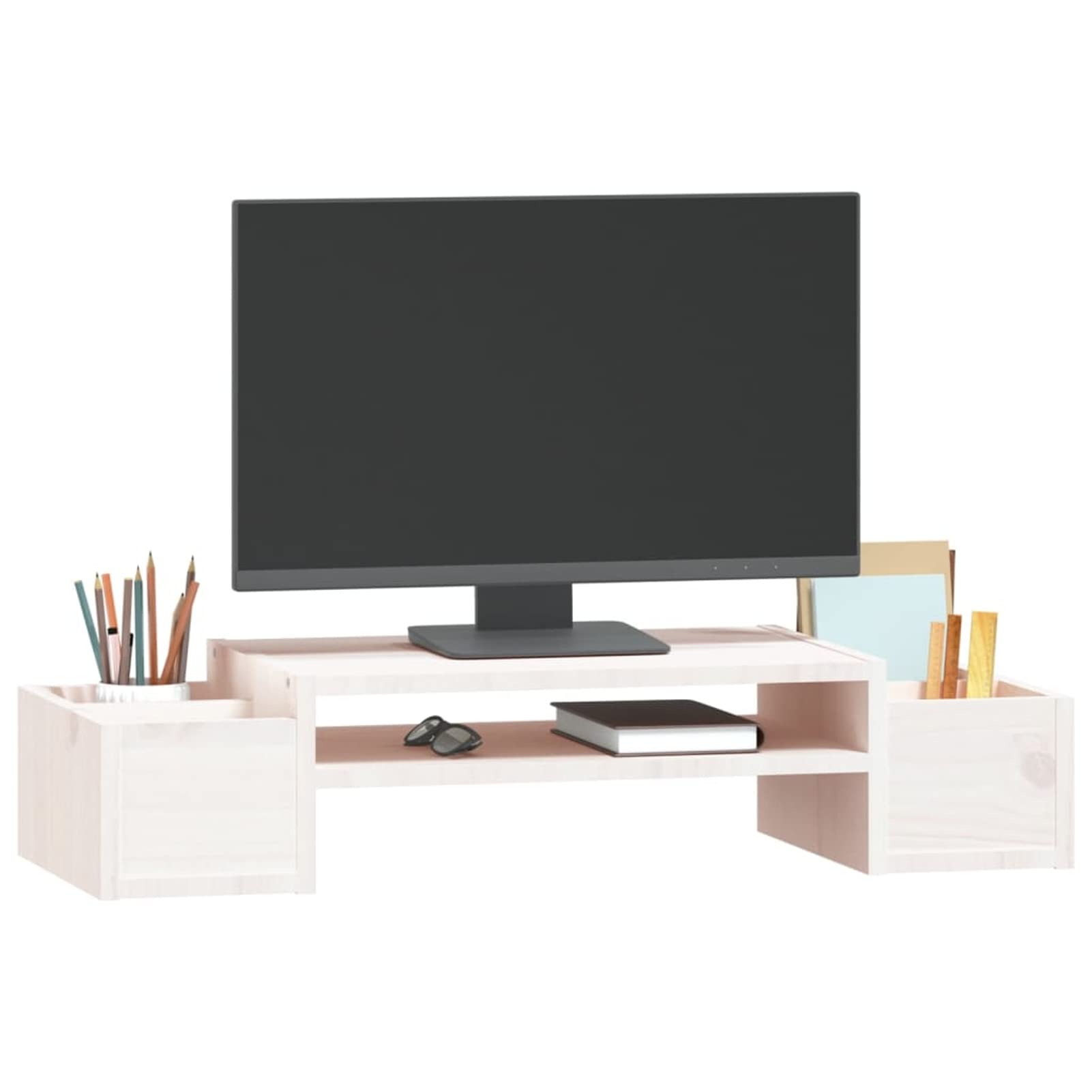 ShGaxin Stojak na monitor, stojak na ekran komputera, stojak na monitor biurko, akcesoria biurowe, akcesoria biurkowe, podstawa monitora, lite drewno sosnowe białe 70 x 27,5 x 15 cm