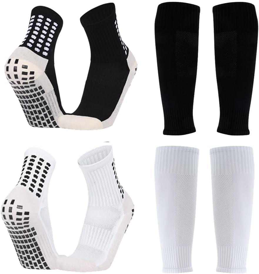 2 Set Kids Grip Soccer Socks with Shin Guard Sleeves, Anti-Slip for Ages 7-14 Youth Boys Football Basketball Training