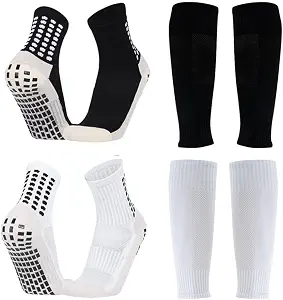2 Set Kids Grip Soccer Socks with Shin Guard Sleeves, Anti-Slip for Ages 7-14 Youth Boys Football Basketball Training