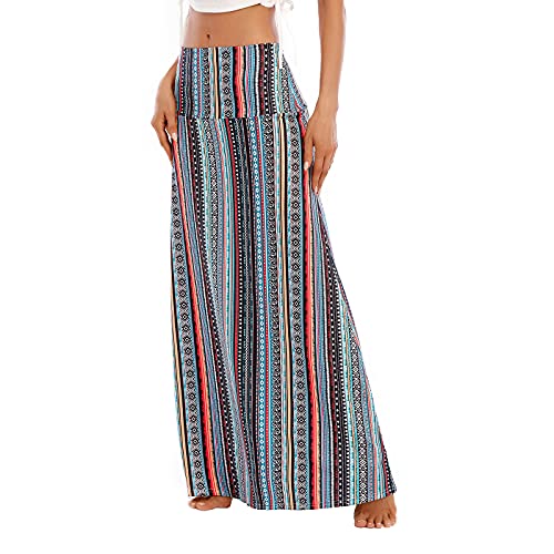 American Trends Womens Boho Skirts Casual Long Maxi Skirts For Women Summer Bohemian High Waist Skirt Strip Geometry L #TOP4
