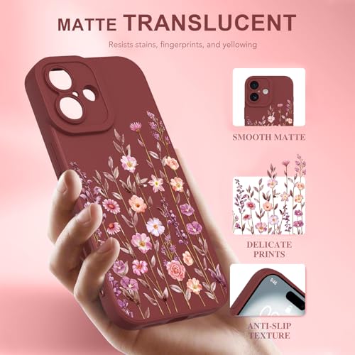 Image of Designed for iPhone 16 Case Flower for Women Girls, Wine Red | Cute Floral Pattern Liquid Silicone Phone Case [Full Camera Protection] Slim Soft TPU Protective Cover