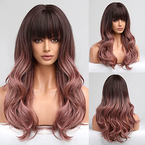 Haircube Ombre Purple Pink Wig With Bangs,Long Wave Wigs For Women Heat Resistant Fiber Synthetic Wigs #TOP6