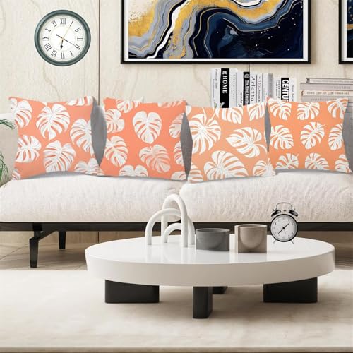 Housse de coussin extérieur 50x50 lot de 4 blanc à motif feuilles Z-66