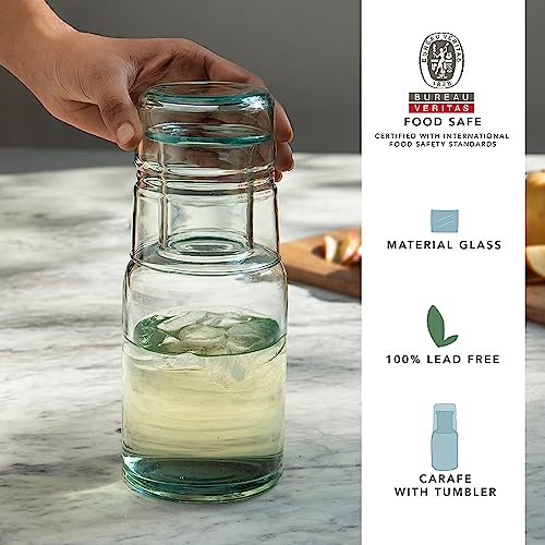 Image of Ellementry JOVE Blue Carafe with Tumbler|Bedside Water Carafe Set | Tumbler Glass for Bedroom Nightstand | Night Water Jug with Cup Glass |Clear Glass Juice /Water Pitcher with Cup for Kitchen