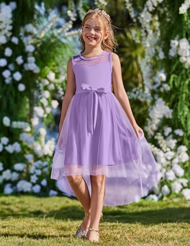 Image of Arshiner Girls Dresses Formal Party Wedding Tulle Sleeveless Contrast Mesh High Low Dress with Belt