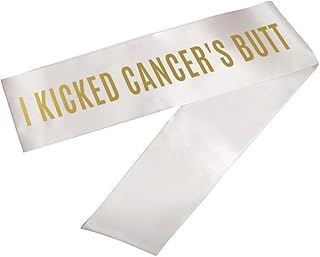 Andaz Press Cancer Survivor Party Sash I Kicked Cancer's Butt, Gold Foil Text, Satin White Ribbon, Includes Diamond Pin Breast Cancer Survivor Sash