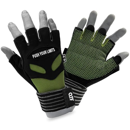 QTF Weight Lifting Gym Workout Gloves with Long Wrist Strap, Fingerless Gym Gloves for Men & Women, Full Palm Protection, for Weightlifting, Training, Fitness, Hanging (Green, Large)