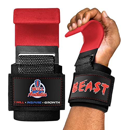 I WILL AESTHETICS Weight Lifting Hooks for Men & Women - Lifting Hooks for Weight Lifting - Deadlift Grips with Hooks - Weight Grips & Deadlift Straps (RED)