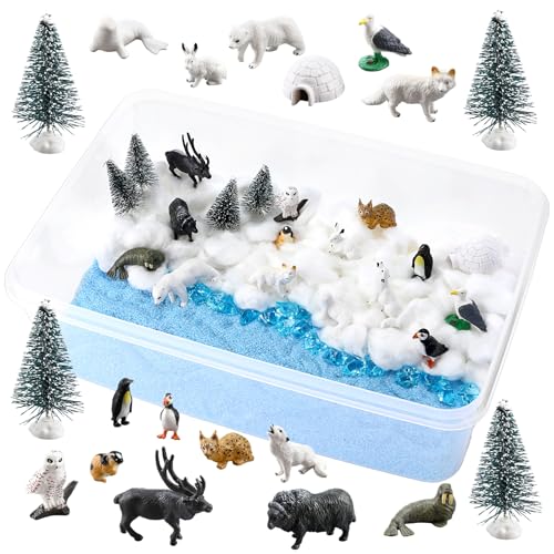 42 Pcs Winter Sensory Bin Fillers Snow Play Sand Toy Kit with Arctic Animals Figurines Counting Sorting Pine Trees Cotton Ball Bag Blue Sand Stone for Preschool Polar Project Education Birthday Gifts