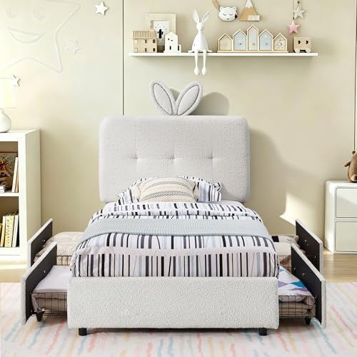 Image of Twin Led Bed Frame with 4 Storage Drawer, Upholstered Platform Floor Bed with Rabbit Ear Headboard Daybed Strong Wooden Slats No Box Spring Needed for Kids Girls Boys, Beige