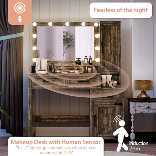 Image of Farmhouse Vanity Desk with 3 Adjustable Light Colors & Power Outlet, Makeup Vanity Table with Sliding Jewelry Cabinet, Built-in Lipstick Organizer, 3 Drawers & Shelves for the Bedroom, Brown