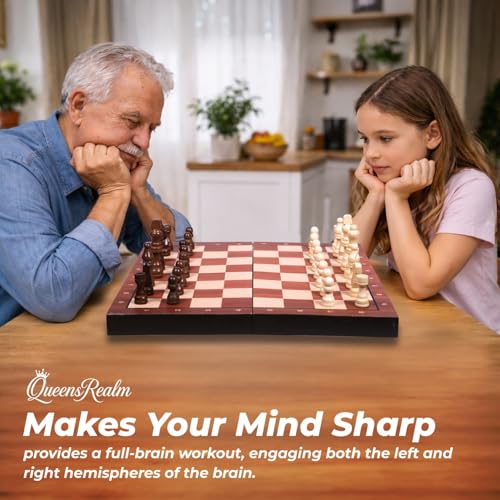 Image of QueensRealm 10 Inch Chess Board Set Wooden Handmade Magnetic Foldable Chessboard for Kids & Adults, Compact & Portable Travel Chess with Inbuilt Storage 2 Players Board Game(10 Inch x 10 Inch- Wooden)