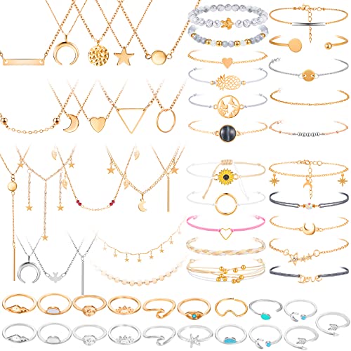 Batiyeer 60 Pcs Surfer Wave Strand, Summer Layered Choker Pendant Necklace Adjustable Multilayer Chain Necklaces Adjustable Bracelet Handmade Sunflower Rope Anklets Knuckle Rings (Elegant) #TOP5