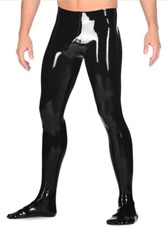 Men Black Latex Pants without Zipper with Socks Tight Mid Waist Rubber Trousers Leggings