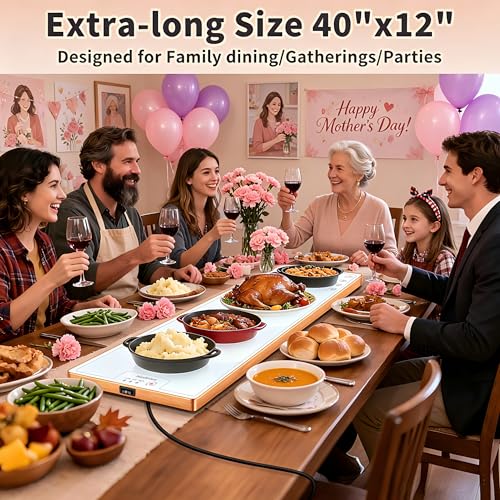 Image of Warming Mat for Food (Extra Long 40 inchx12 inch), Warming Trays for Buffets Party & Daily Use, Temperature Control Food Warmer, Full Surface Warm Tempered Glass Food Warming Mat, White Electric Warming Tray