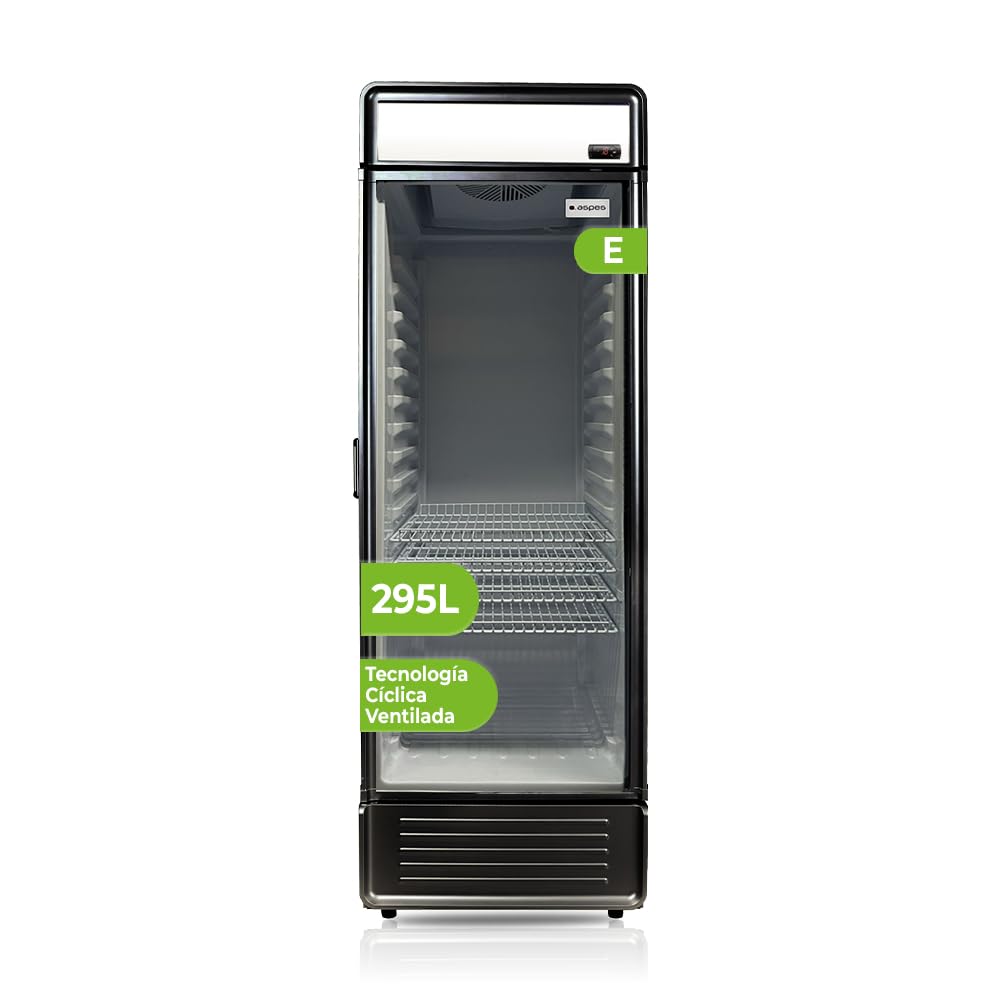 Aspes Frigorifero nero ARH1855500ENF, capacità 295 litri, larghezza 54 cm, altezza 185 cm, ventilato, motore universale, 55 dB, livello sonoro, luce LED, porta in vetro, apertura a manopola, classe E