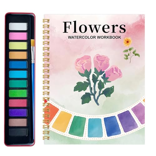 Watercolor Workbook for Adults & Beginners, Beginner-Friendly Painting Book with 12 Colors Paint, All-in-One Watercolor Kit for Creative Practice (Flower-2)