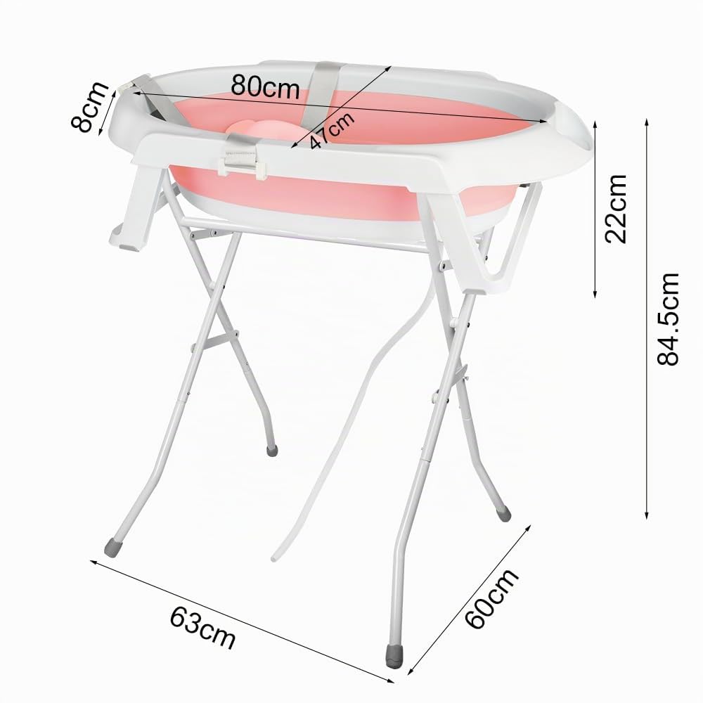 Babywanne mit Ständer Faltbare Baby Badewanne Set mit Gestell - Tragbare Rutschfeste Wanne für Neugeborene bis 3 Monate - Stützkissen inklusive-66 * 61 * 82cm – rosa