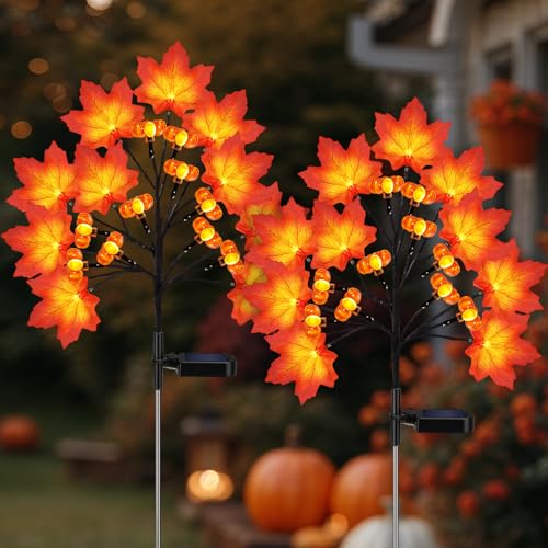 ReyeeInc Fall Solar Lights Outdoor Solar Powered Fall Stake Lights with 20 Maple Leaf and 20 Pumpkin for Yard Patio Lawn Garden House Home Outside Thanksgiving Harvest Decorations(2 Pack)