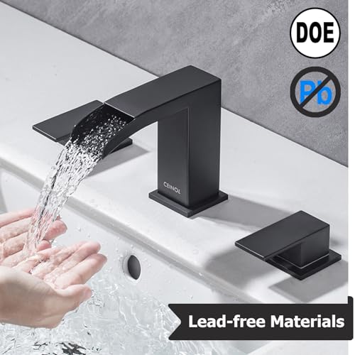 Waterfall-Bathroom-Faucet-Matte-Black-Bathroom-Sink-Faucet-3-Hole-Widespread-Bathroom-Faucet-Set-with-Pop-Up-Drain-and-Hose Waterfall Bathroom Faucet Matte Black Bathroom Sink Faucet 3 Hole Widespread Bathroom Faucet Set with Pop Up Drain and Hose