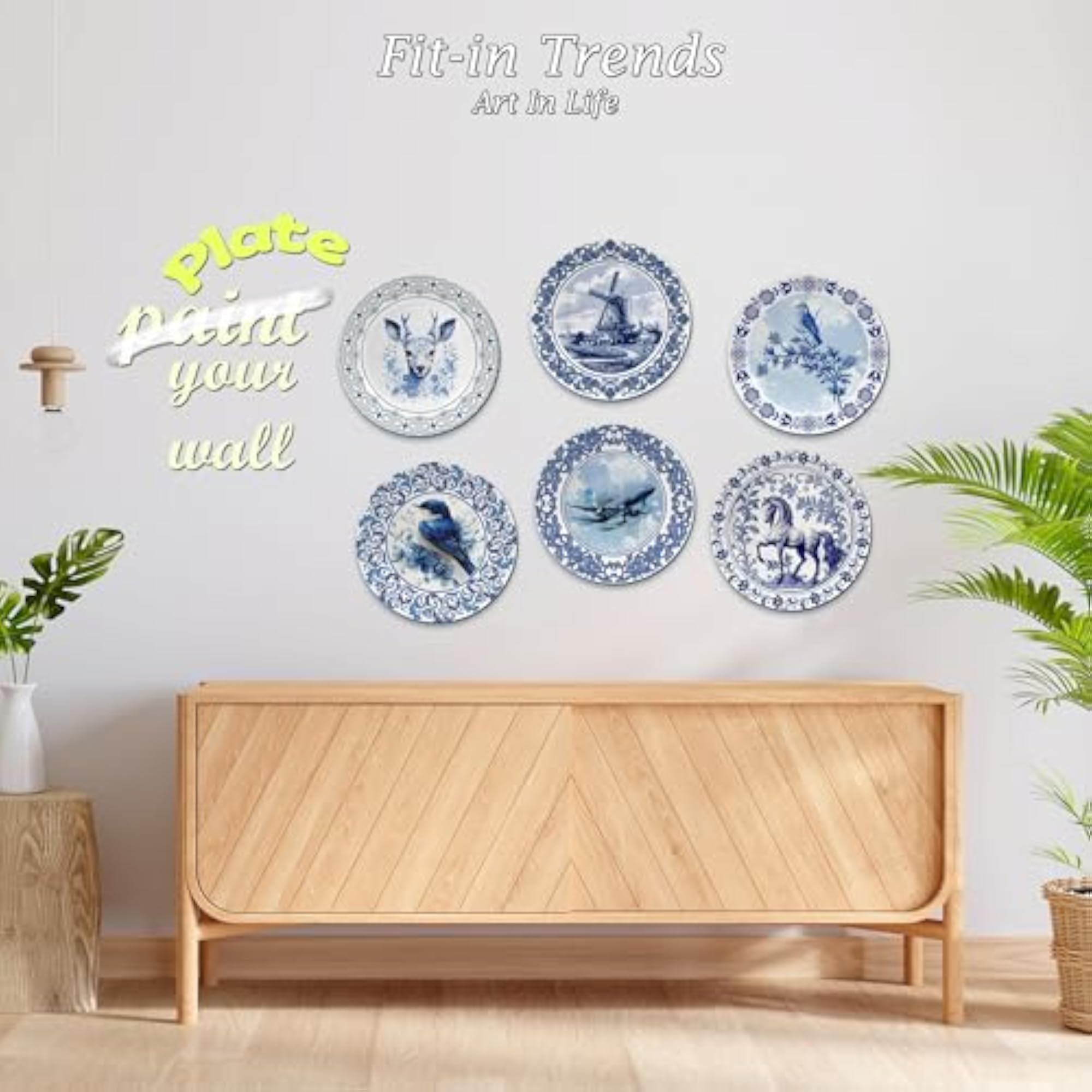 Decorative Wall Plate with Stand & Metal Hook, Blue Pottery