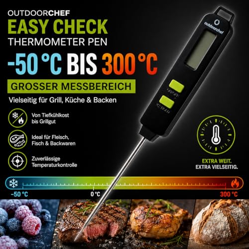 OUTDOORCHEF Easy Check Thermometer Pen digitales Einstechthermometer - Grillthermometer,2-4 Sek. Messung, beleuchtetem Display, -50 bis 300°C, Ø 1,7 mm Spitze 3