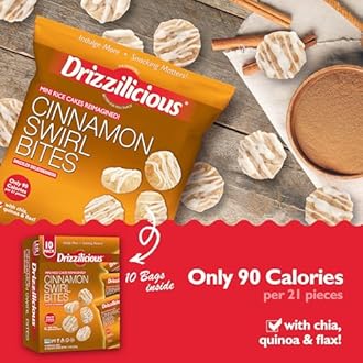 Drizzilicious Mini Flavored Rice Cakes Cinnamon Swirl - Rice Crisps, Healthy Snack for Adults and Kids, Vegan, Gluten Free Snack, Allergen Free, Only 90 Calories Per Bag - 0.74 oz (Pack of 10)