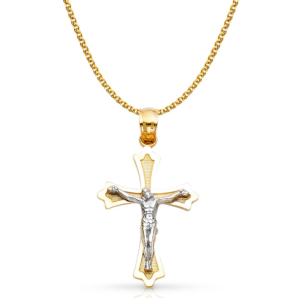 14K Two Tone Gold Jesus Crucifix Cross Pendant with 1.2mm Flat Open Wheat Chain Chain Necklace