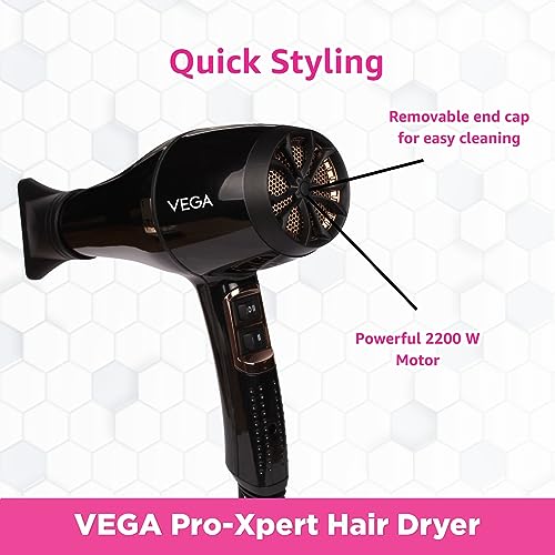 VEGA Pro-Xpert 2200W Professional Hair Dryer For Women With 2 Speed/3 Heat Settings, Cool Shot Button, Diffuser & 2 Detachable Nozzles, Travel Friendly, (Vhdp-03), 2000 Watts,Black - Image 5